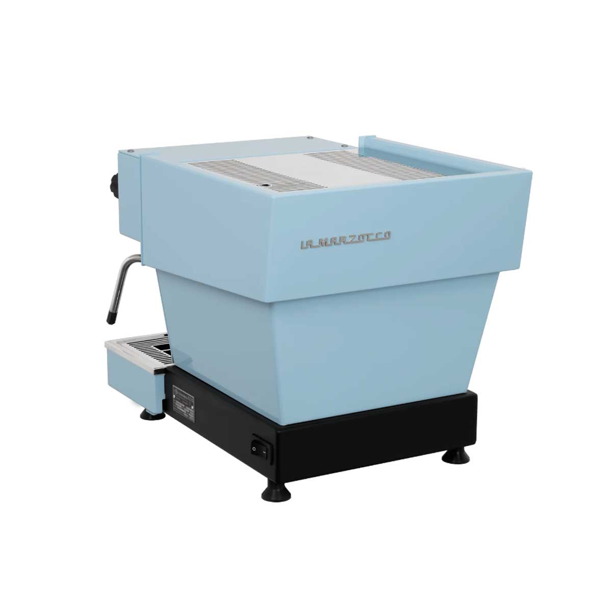 A La Marzocco Linea Mini espresso machine with a white body, black accents, and a stainless steel top.