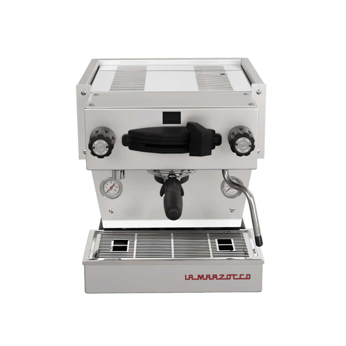 A La Marzocco Linea Mini espresso machine with a white body, black accents, and a stainless steel top.