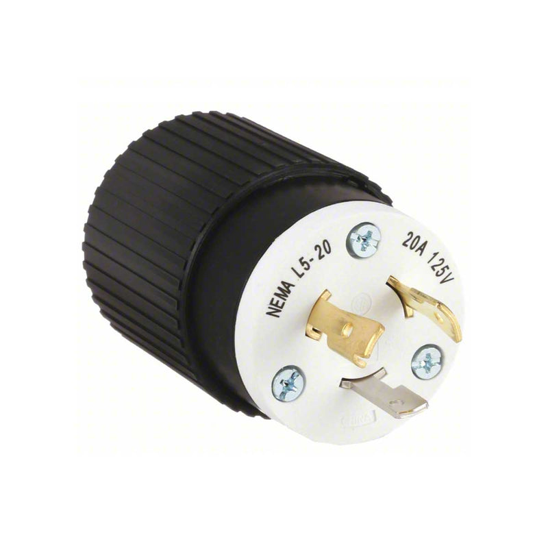 A NEMA L5-20 20A 125V three-prong electrical outlet plug with a black ribbed body, white face, and gold and silver metal pins.