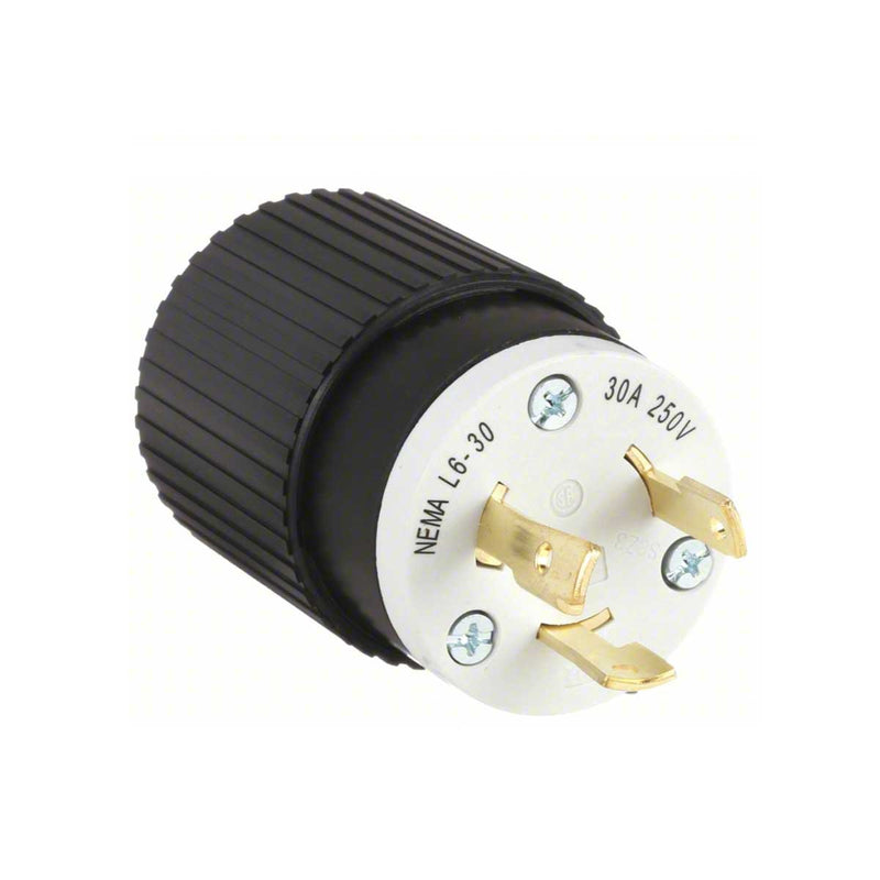 A NEMA L6-30 30A 250V electrical outlet plug adapter with a black ribbed housing, a white insulating face, and gold-plated metal pins, shown on a white background.
