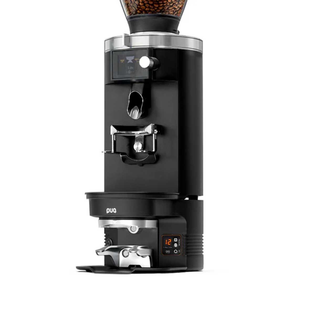Black coffee grinder with digital display on a white background