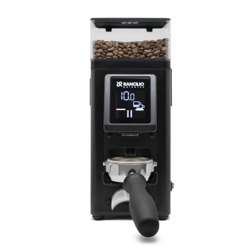 Black coffee grinder with digital display and coffee beans on a white background