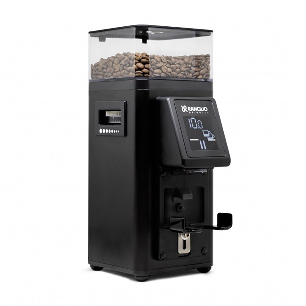 Black coffee grinder with digital display and bean hopper on a white background