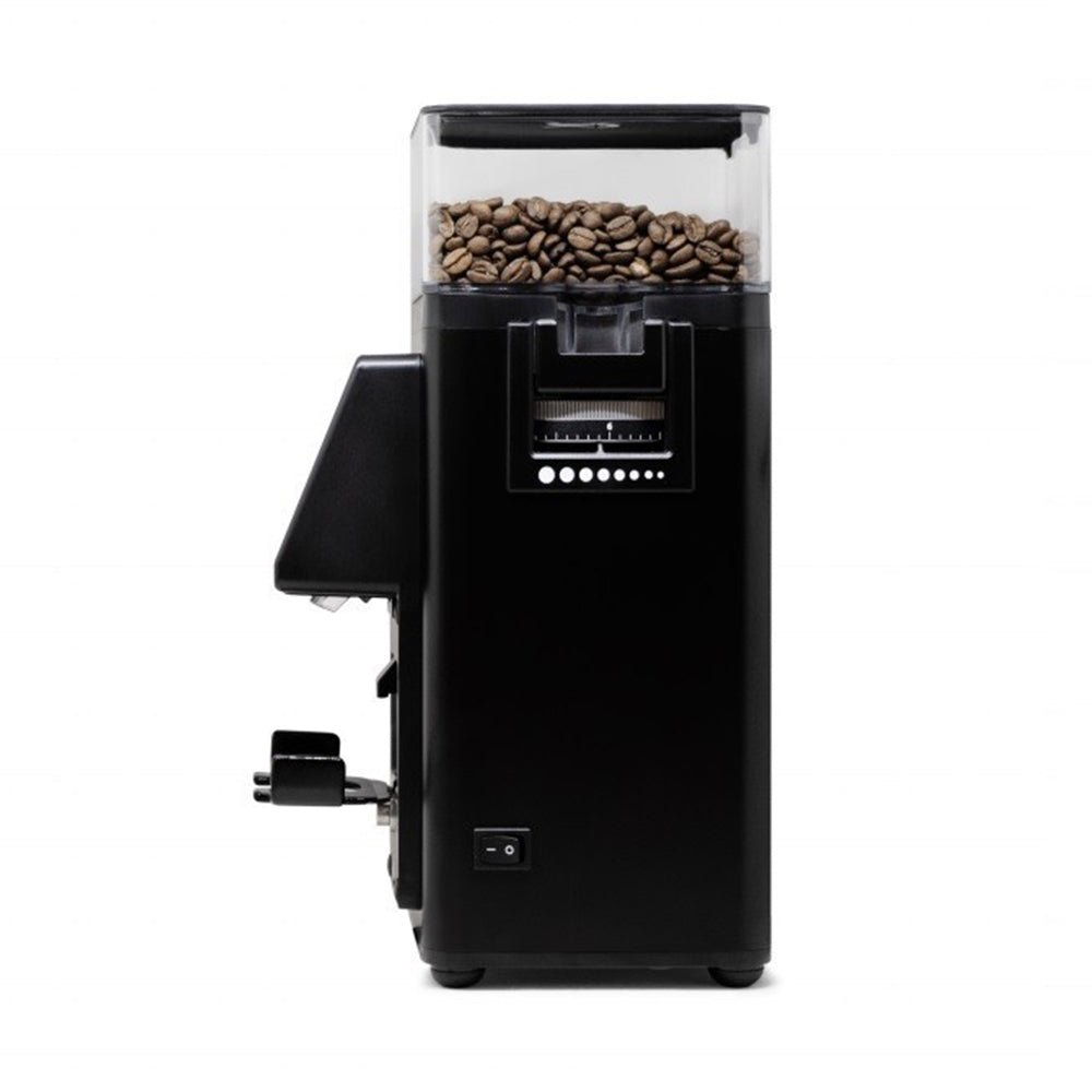 Black coffee grinder with a clear container of coffee beans on a white background