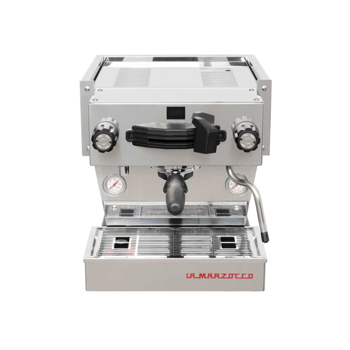 A La Marzocco Linea Mini espresso machine with a white body, black accents, and a stainless steel top.