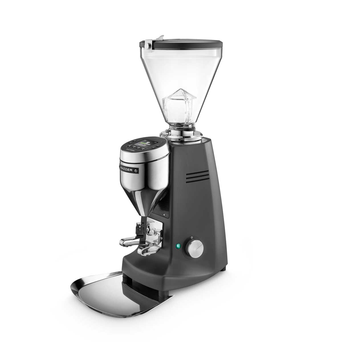 A Mazzer Super Jolly V Pro espresso grinder with a glass top, stainless steel body, and a digital display.
