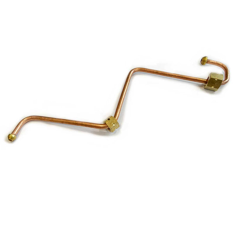 Copper hose with brass connectors on a white background