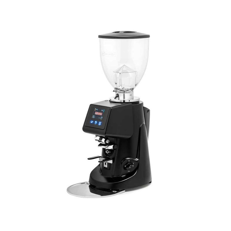A black electric coffee grinder with a clear bean hopper, digital display screen, and stainless steel drip tray, shown on a solid white background.