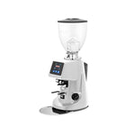 A modern white and black coffee grinder with a clear bean hopper and a digital touch screen display, shown on a solid white background.
