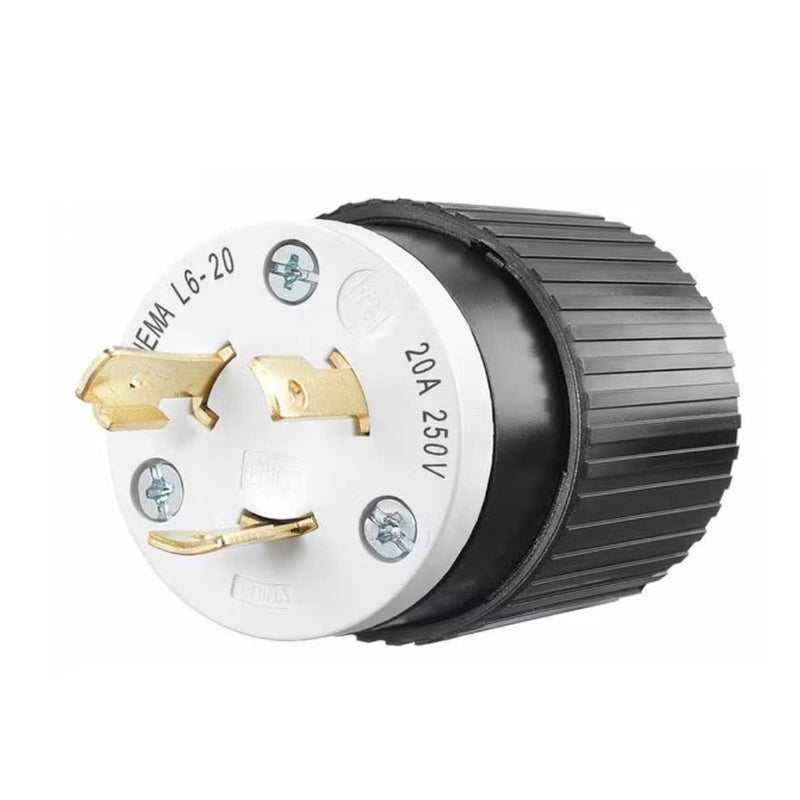 A 3-pin industrial electrical outlet plug with a white face, black ribbed housing, and brass-colored metal pins, shown on a plain white background.