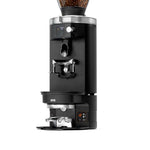Black coffee grinder with digital display on a white background
