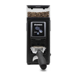 Black coffee grinder with digital display and coffee beans on a white background