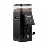 Black coffee grinder with digital display and bean hopper on a white background