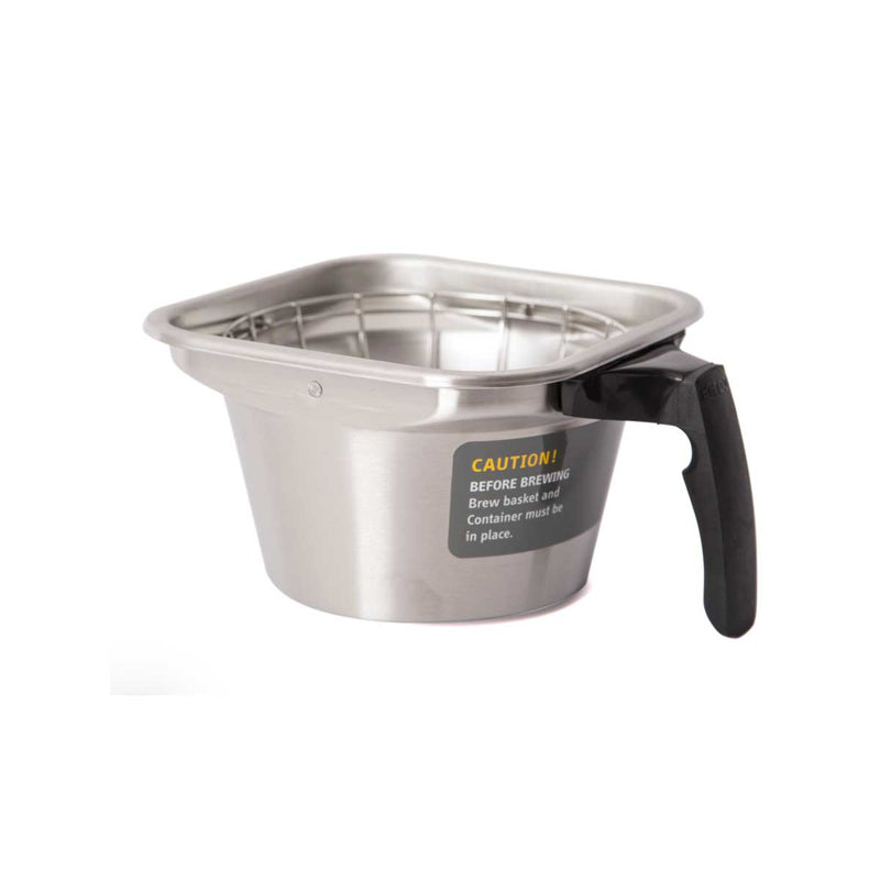 Stainless steel coffee brewing container with a black handle on a white background