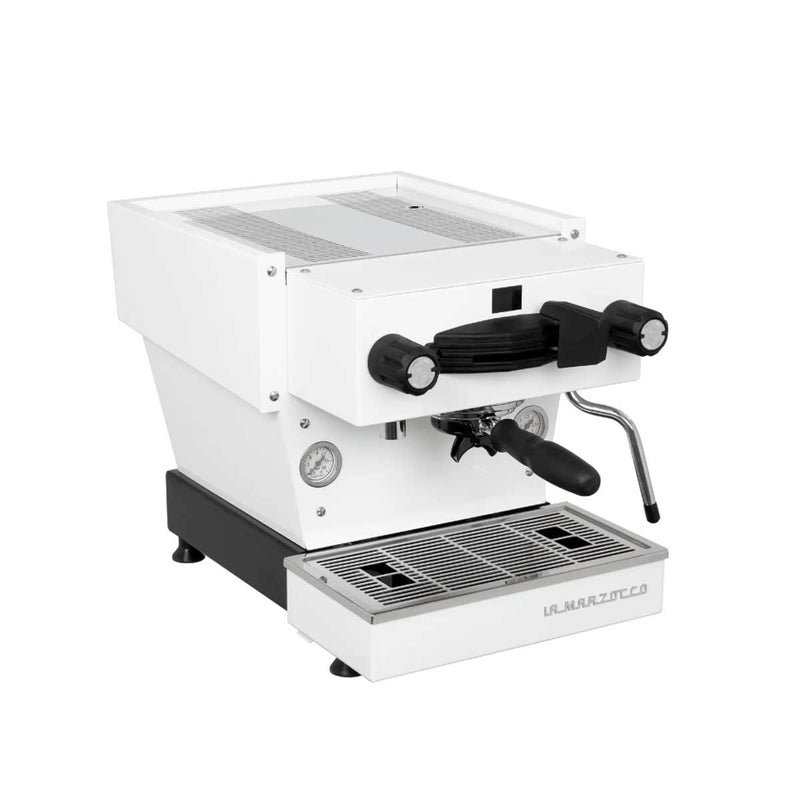 A La Marzocco Linea Mini espresso machine with a white body, black accents, and a stainless steel top.